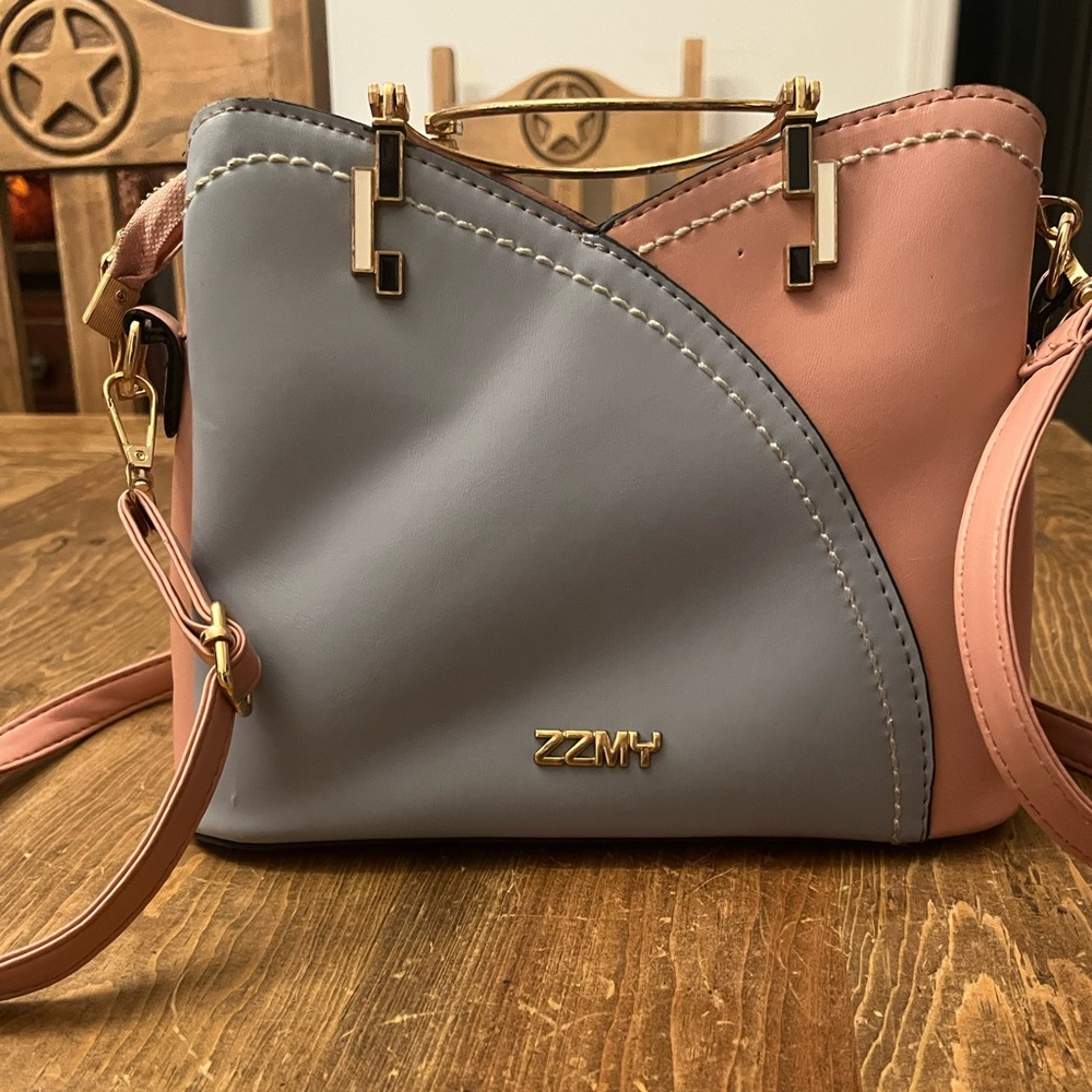 ZZMY Pink & Blue Color Block Satchel Handbag Adjustable & Removable Crossbody